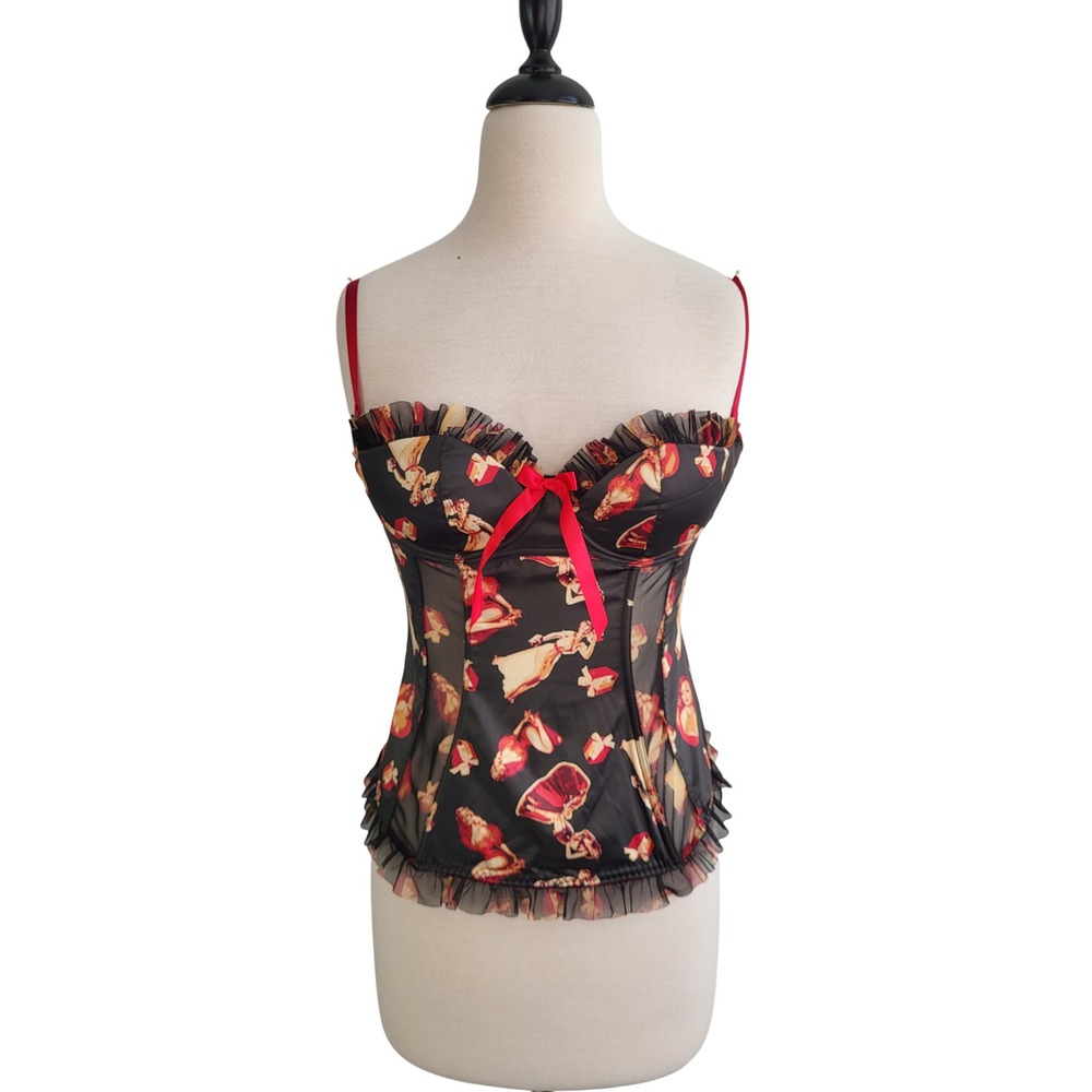 Y2K Victorias Secret Corset Bustier Pin Up Girl Mesh Ruffle Lingerie Top L